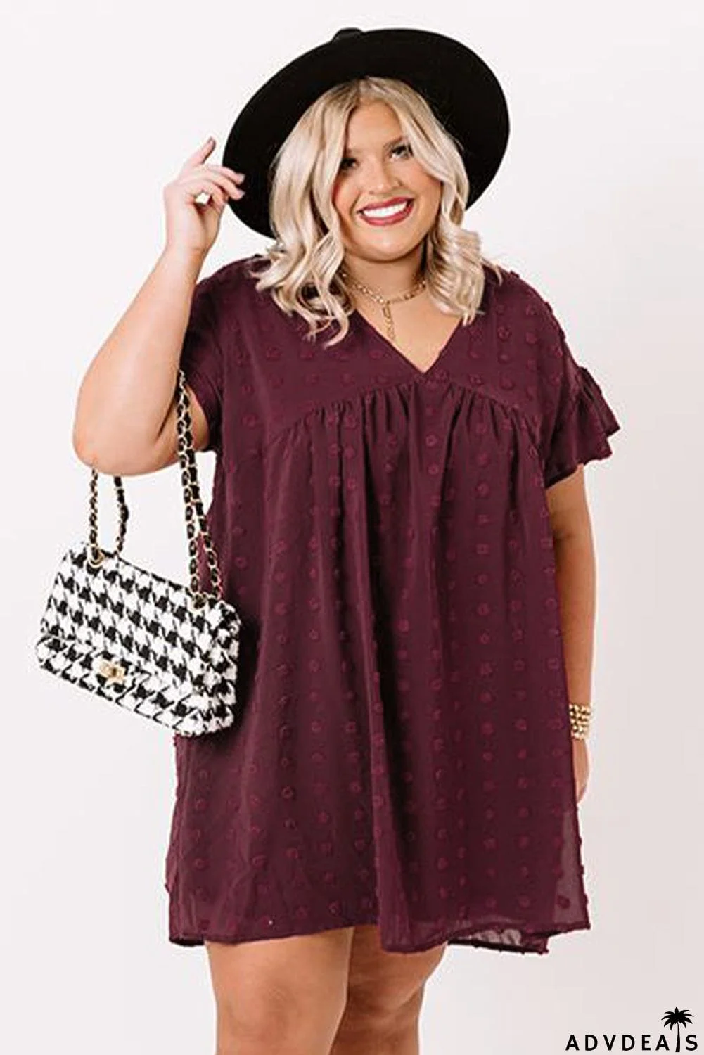 Plus Size V Neck Ruffle Swiss Dot Mini Dress with Pocket