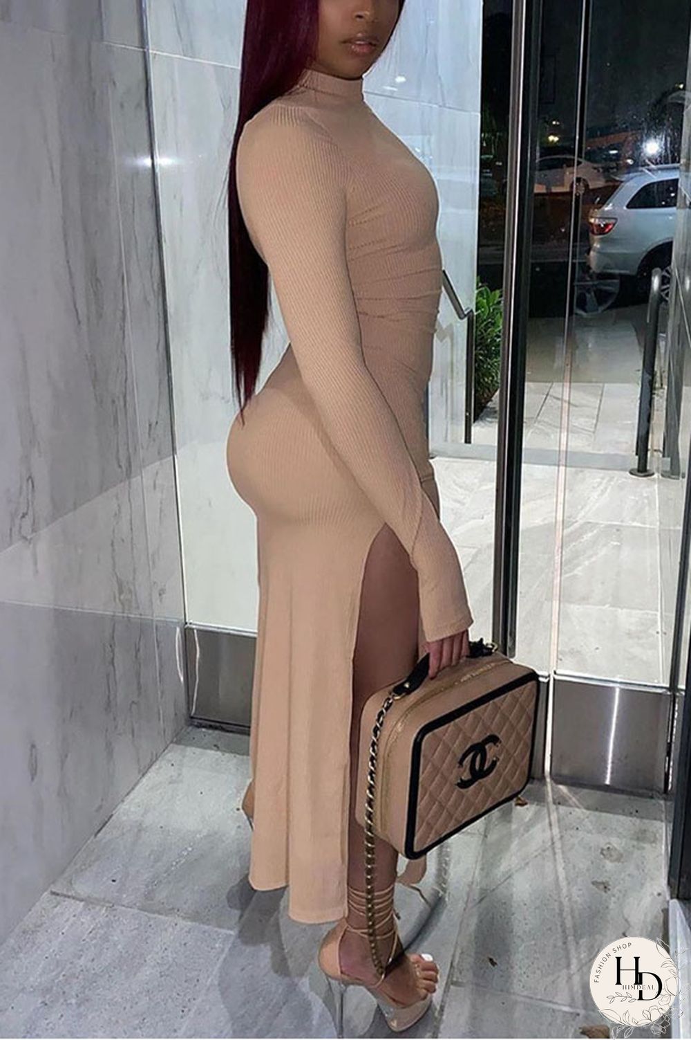 Black Sexy Solid Slit Turtleneck Long Sleeve Ankle Length Long Sleeve Dress Dresses