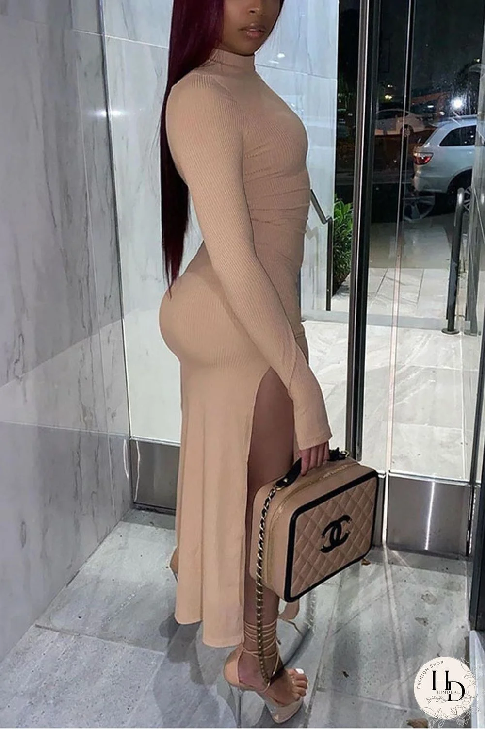 Black Sexy Solid Slit Turtleneck Long Sleeve Ankle Length Long Sleeve Dress Dresses