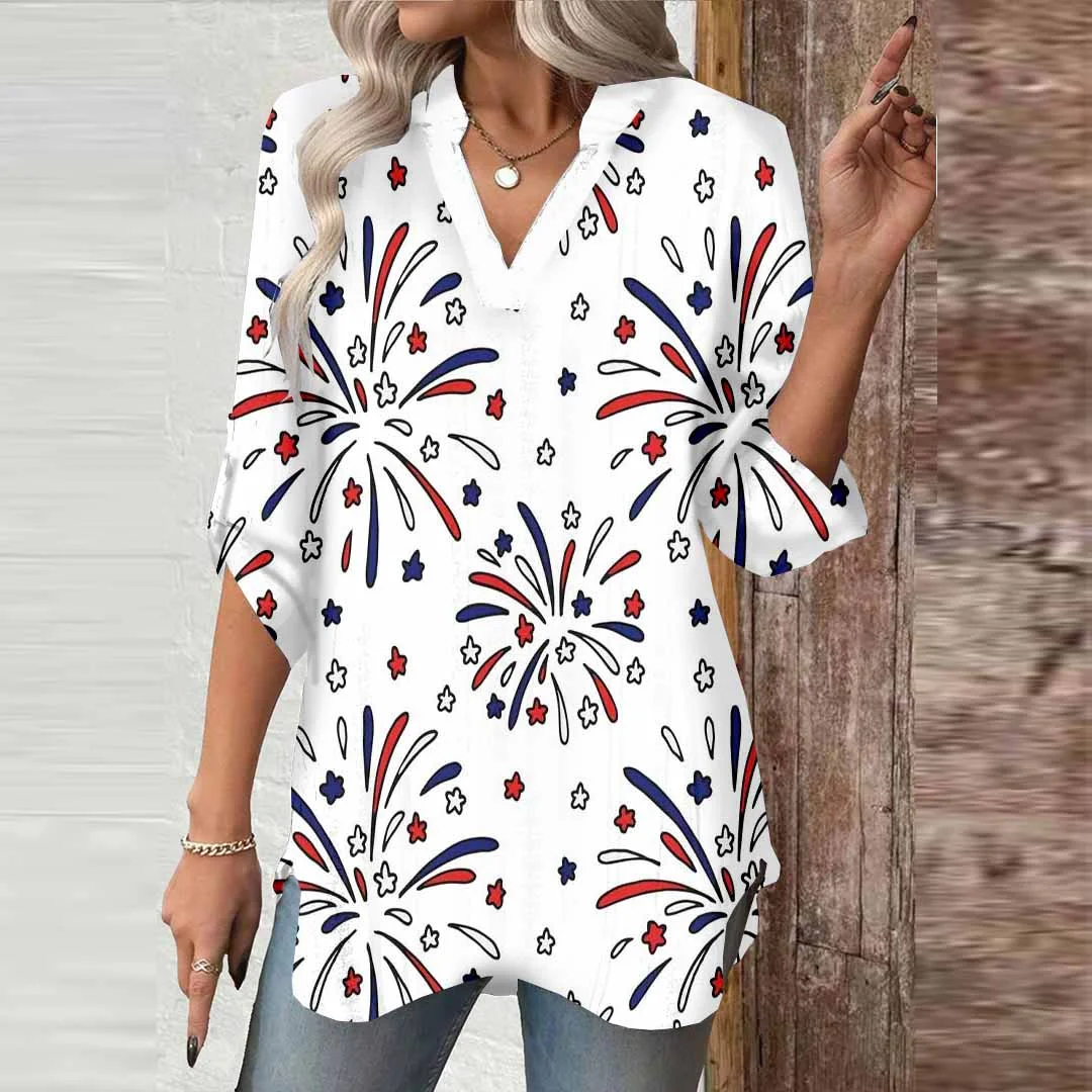 Women  Independence Day, Star, Striped, Blue, Red DZGA0220 3/4 Sleeve V-neck Printed Graphic Button Tops