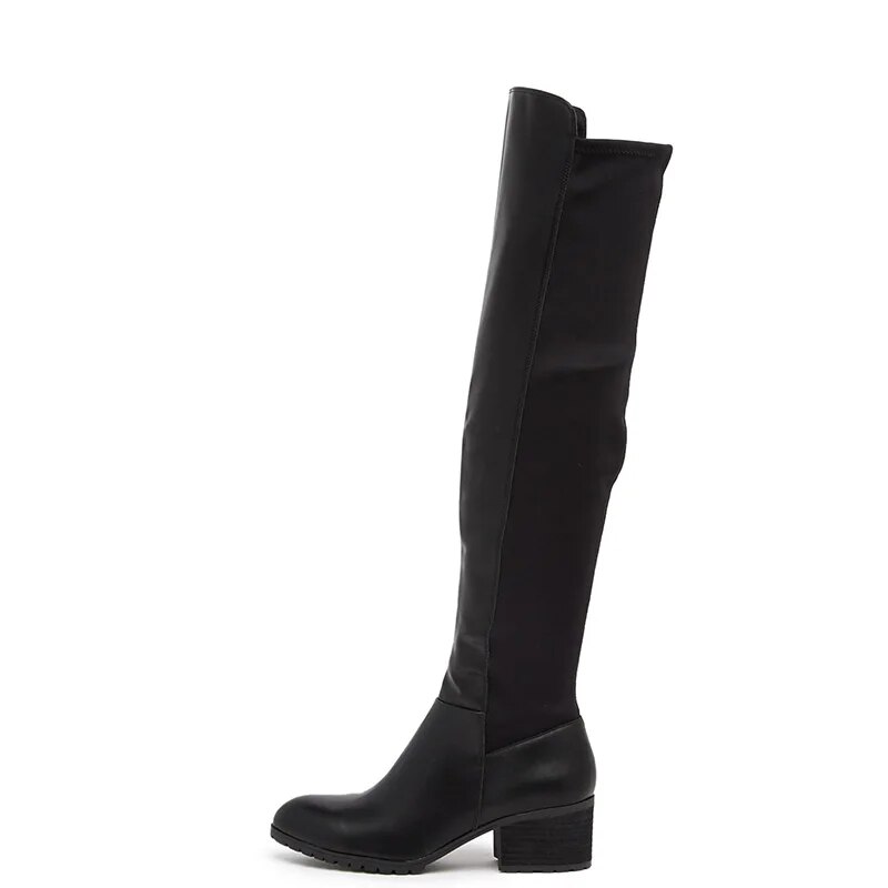 TAAFO Black Patchwork Knee-High Riding Boots Chunky Heels Women Round Toe For Ladies Shoes