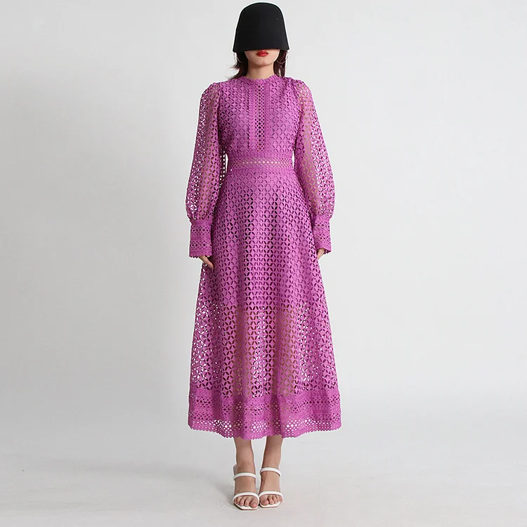 Elegant Hollow Embroidery Design Long Sleeve Midi Dress