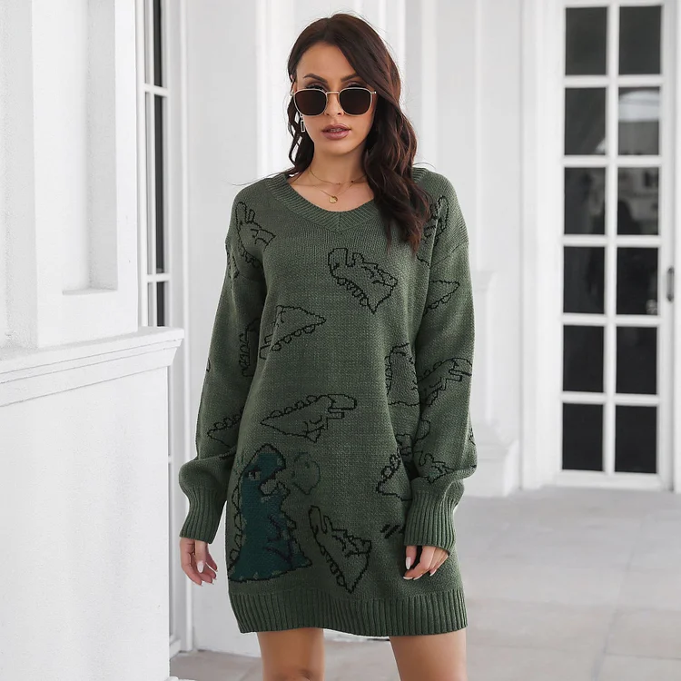 Dinosaur Jacquard V-Neck Dropped Shoulder Long Sleeves Loose Sweater Dresses