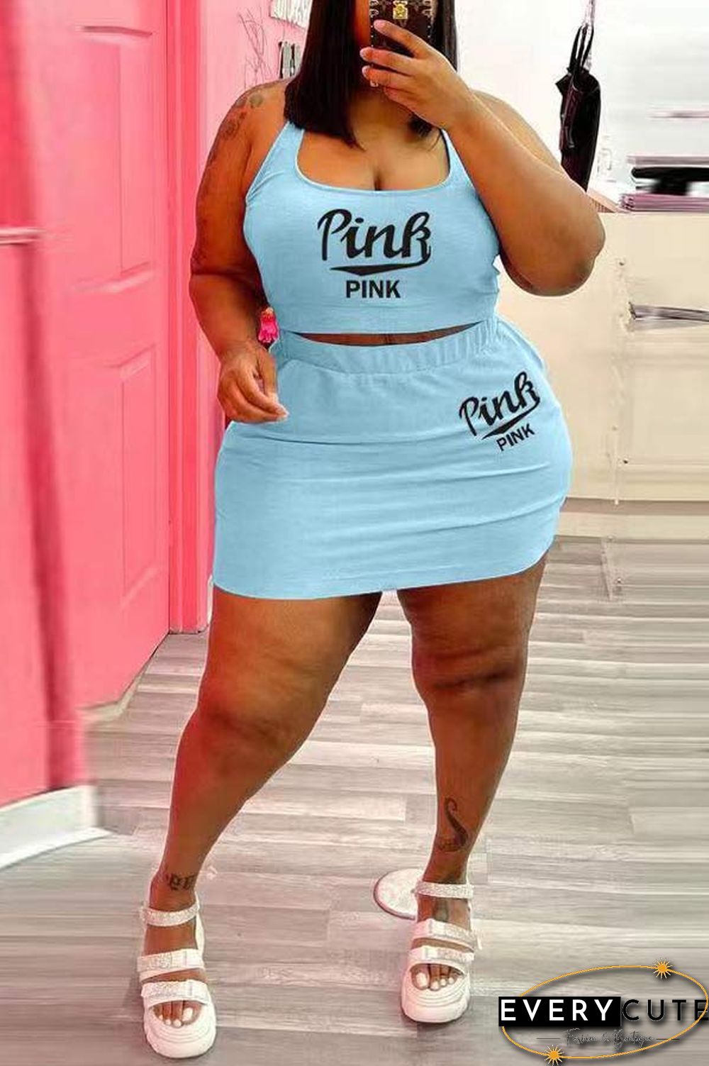 Fashion Plus Size Print Vest Skirt Set