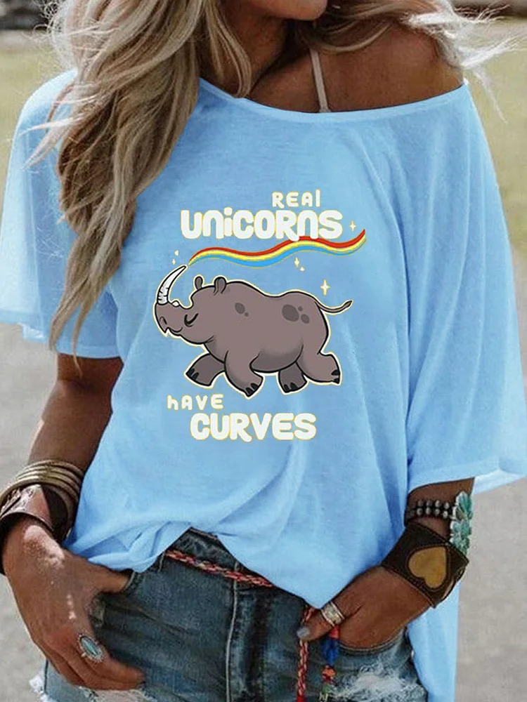 Bestdealfriday Real Unicorns Have Curves Scoop Neckline Casual Short Sleeve Cotton Blend Woman's T-Shirts Tops