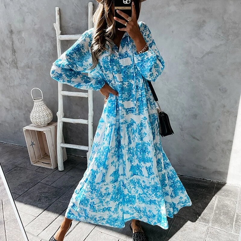 Classic V Neck Women Casual Belt Outdoor Dress Summer Printed Long Sleeve Loose Dress Elegant Female Streetwear Dress Vestidos