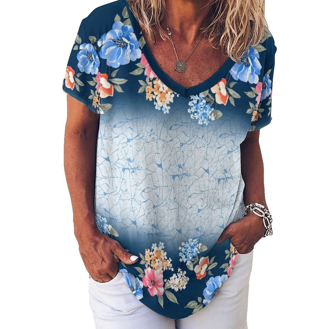 V-neck Short Sleeve Casual T-shirt for  Women Printed with Pattern Pink, Floral, Blue