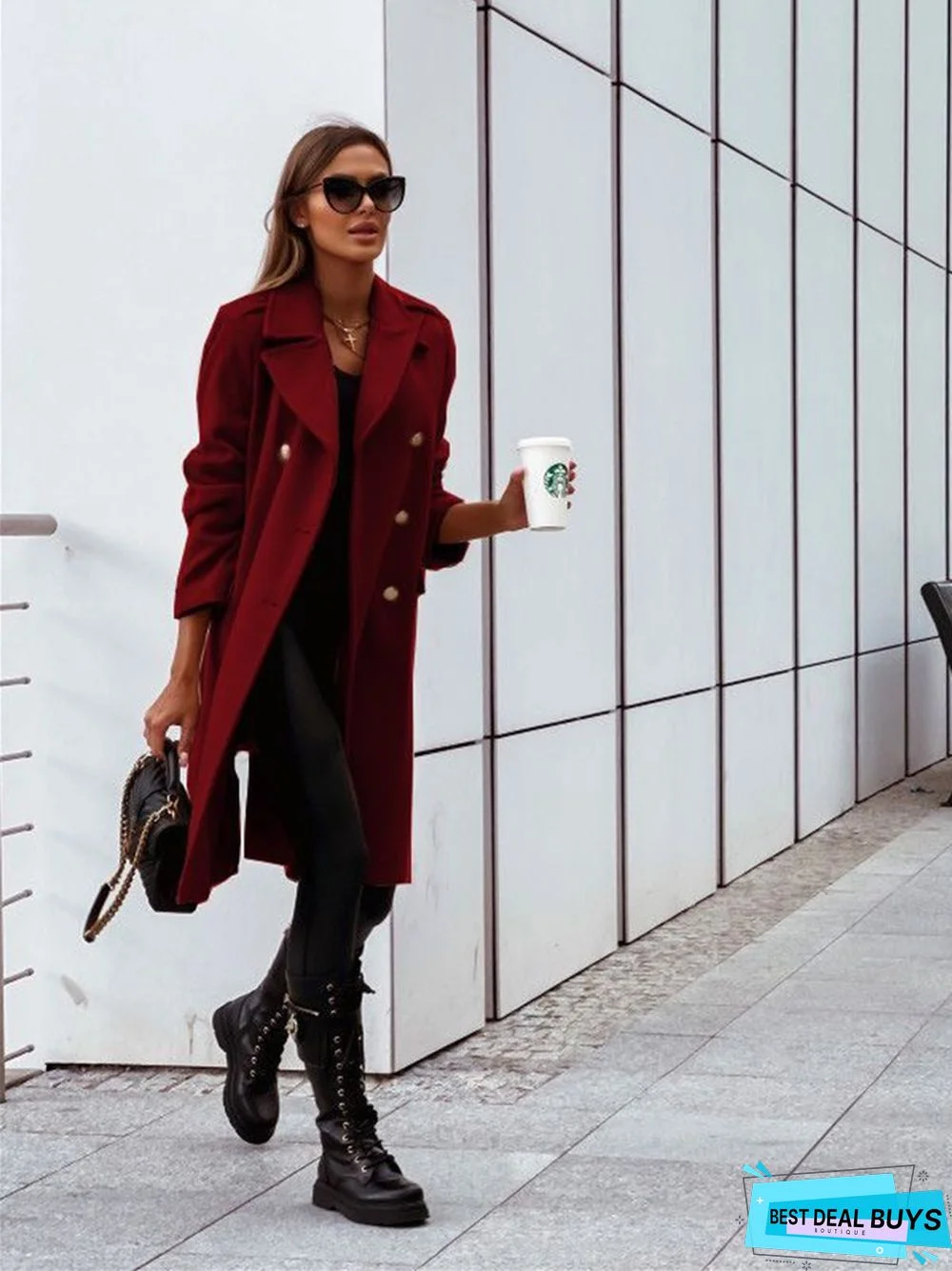 Solid Color Fashion Double-Breasted Mid-Length Coat