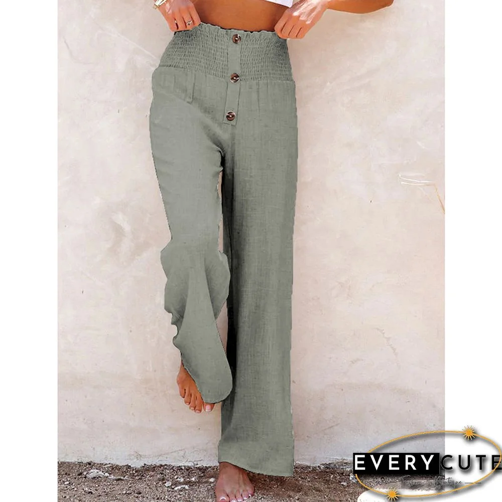 Greyish Green Elastic Waist Wide Leg Casual Pants