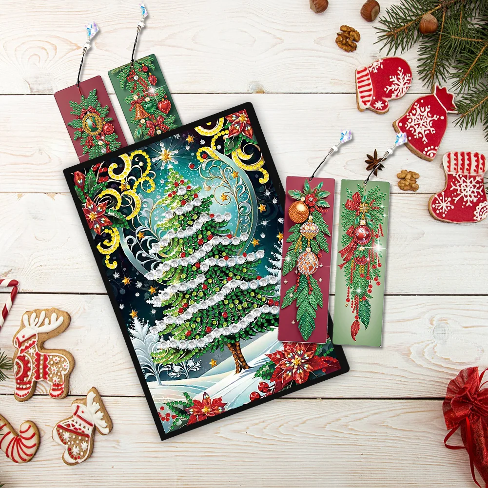 Christmas Tree A5 Size Diamond Painting Notebook Set with 4Pcs Bookmark Gift