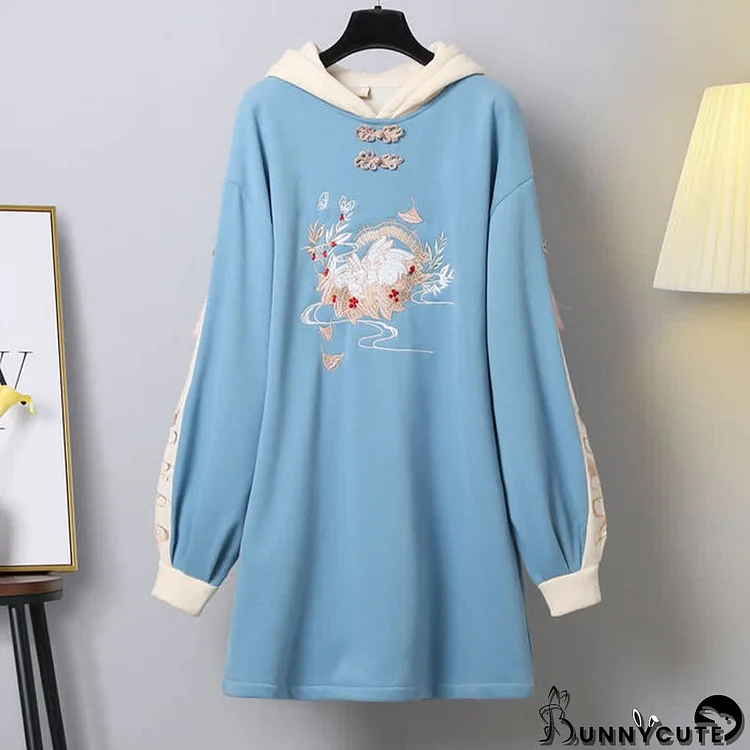 Vintage Rabbit Embroidery Colorblock Plush Hooded Sweatshirt Dress