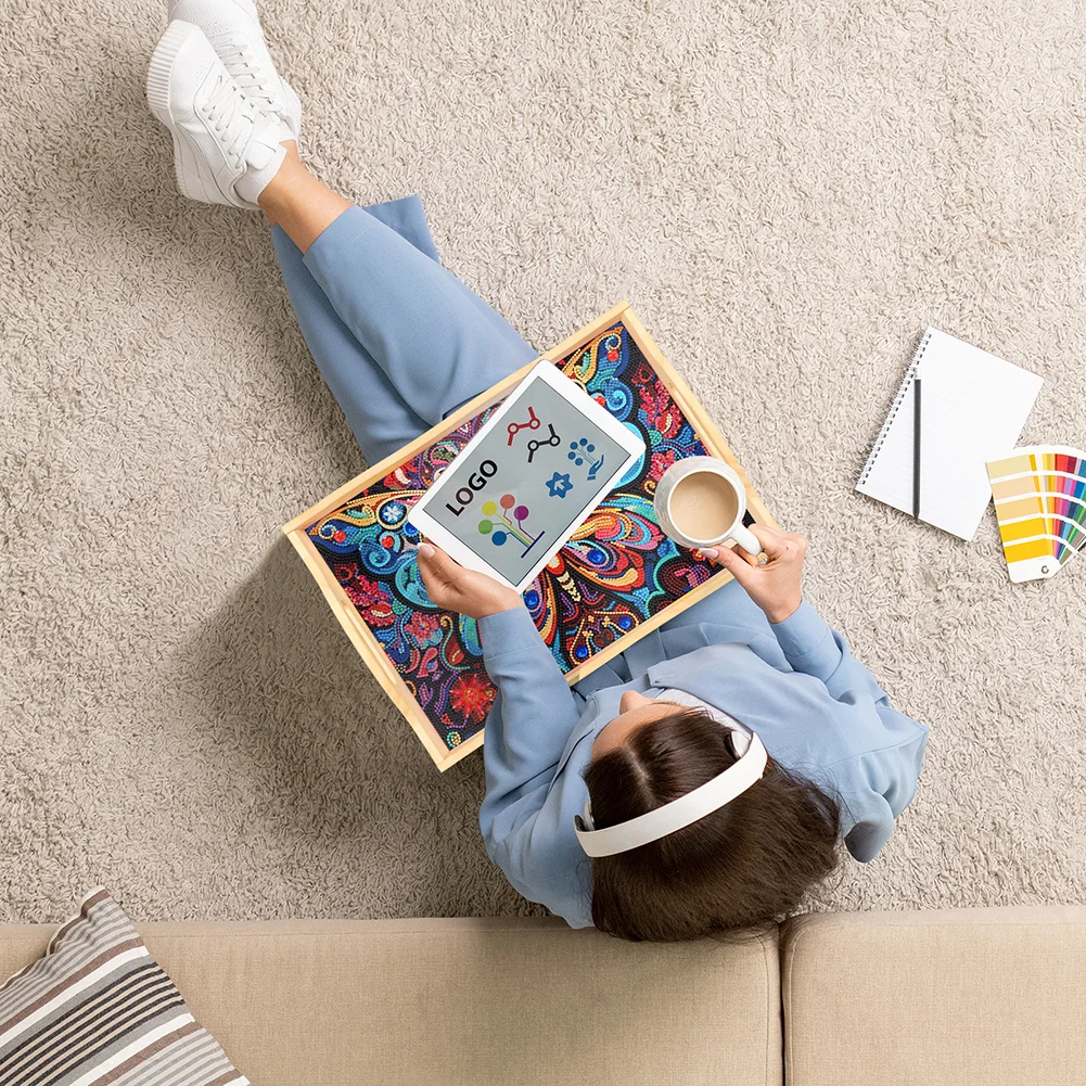 DIY Butterfly Wooden Diamond Painting Dinning Table Tray with Handle for Serving Food