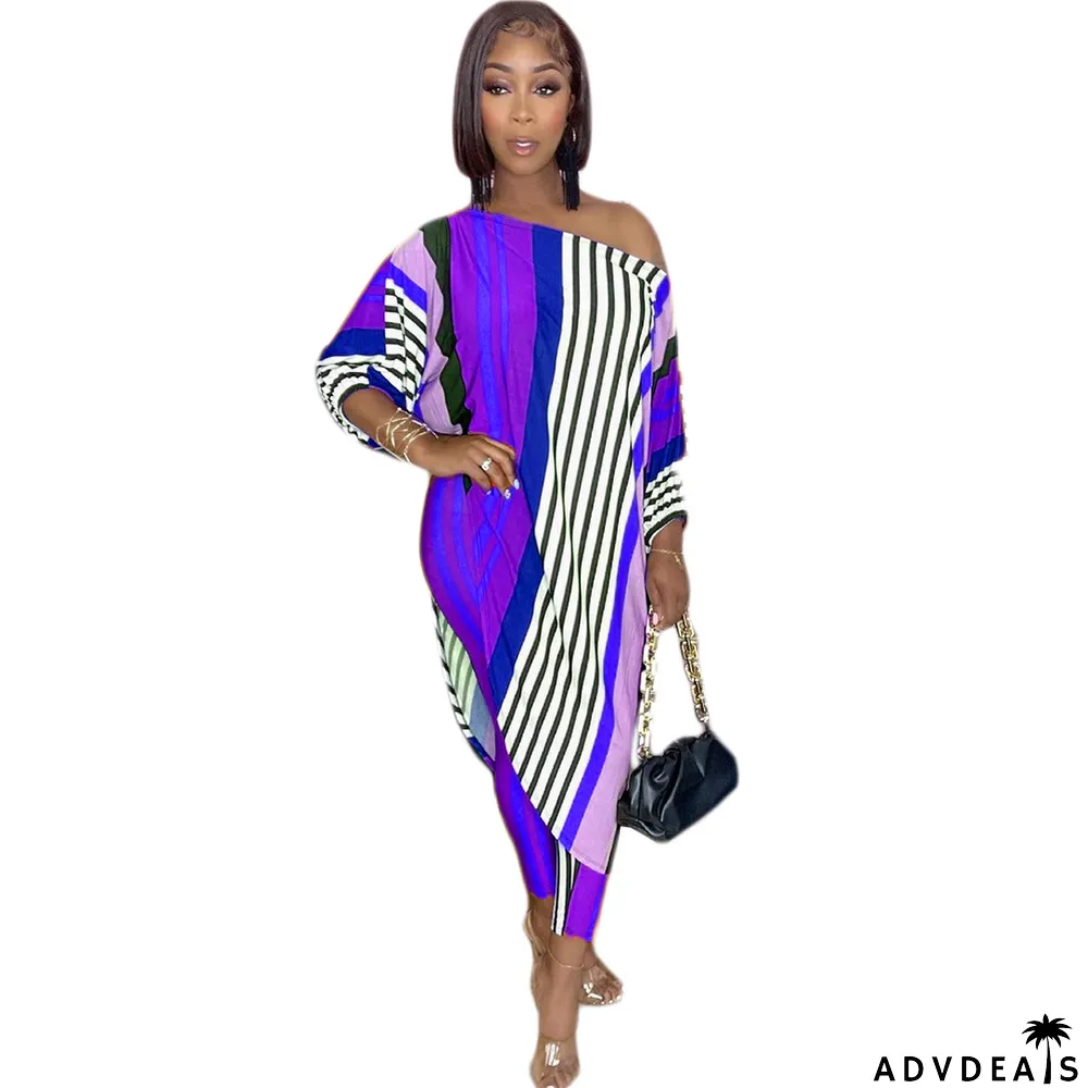 Women's Fashion Casual Loose Plus Size Slash Shoulder Pant Two Piece