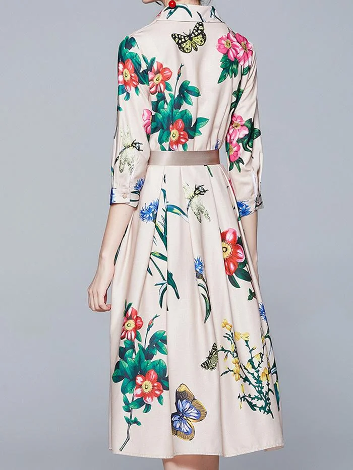 Fashion Butterfly Print Lace-up Pleated Dress