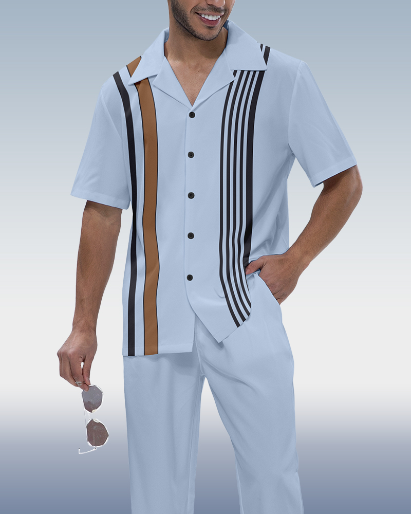 Men's Simple Vertical Stripe Short Sleeve Shirt Walking Set 546