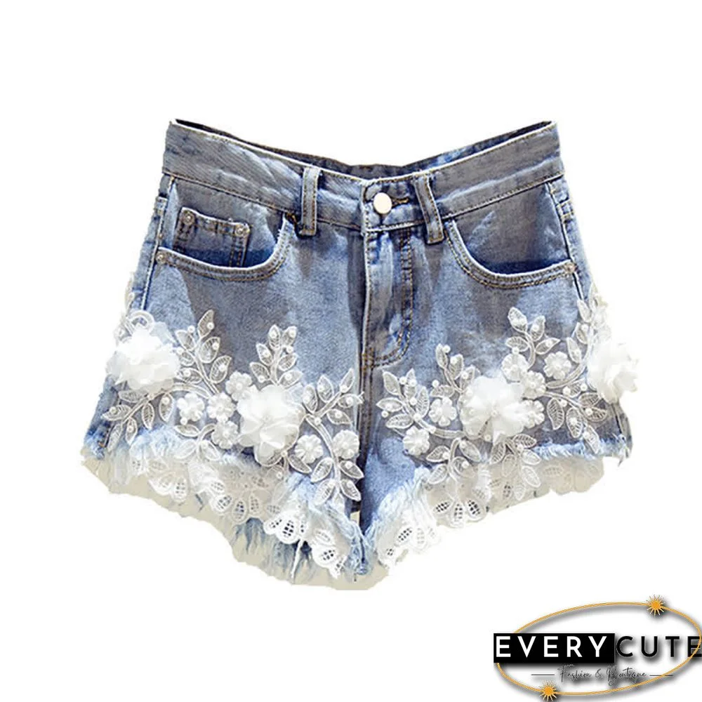 Blossom Embroidery Lace Denim Shorts