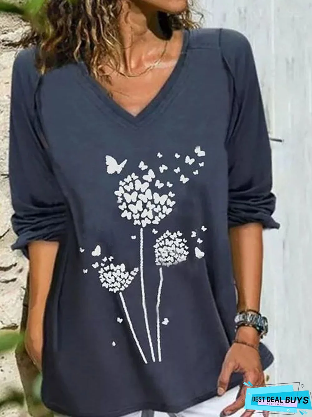 Vintage Long Sleeve Dandelion Printed V Neck Casual Tunic Top