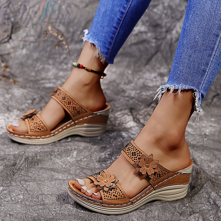 Women Orthopedic Casual Shoes Vintage Flower Fish Mouth Sandals