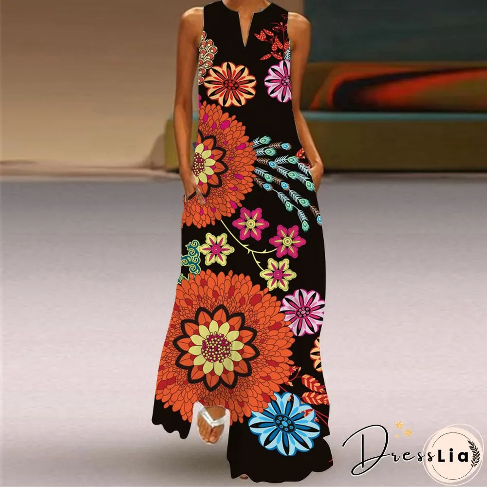 New Fashion Print Summer Dress Casual Sexy Boho Beach Women Party V-neck Sleeveless Pocket