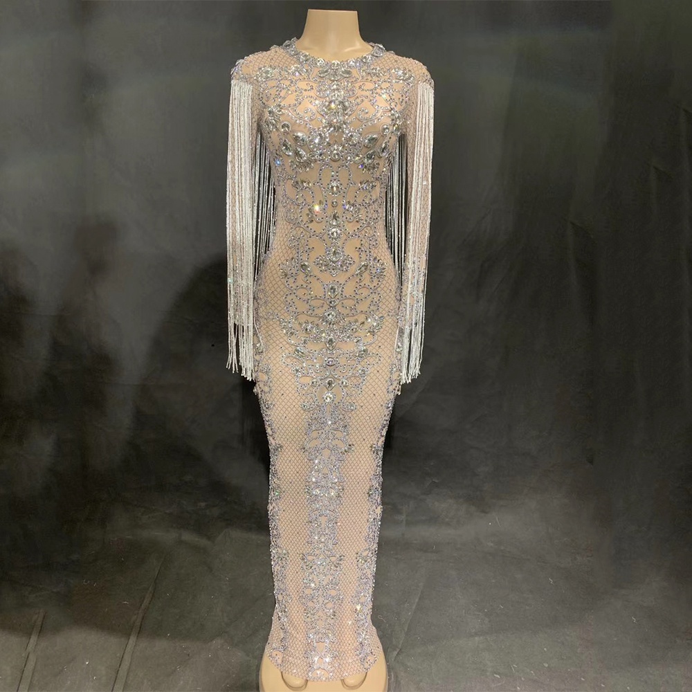 GOOSHOE Long Fringe Split Fork Dresses Floor-Length Rhinestones Dress Floral Pattern Festival Outfit