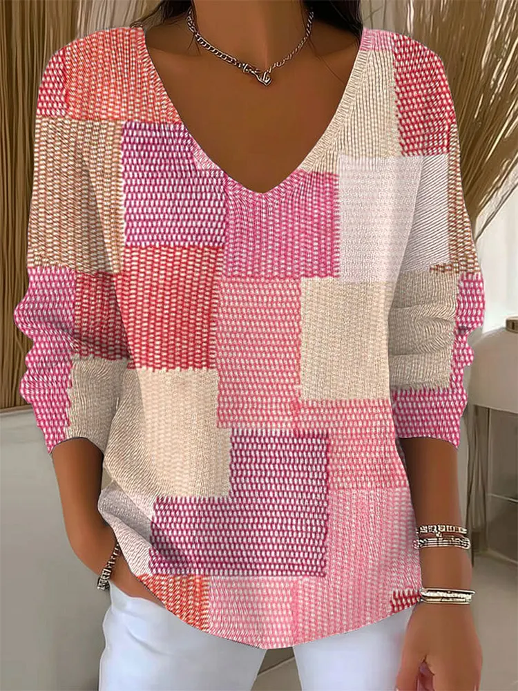 Women's Vintage Abstract Plaid Art Print Casual Pullover Sweater