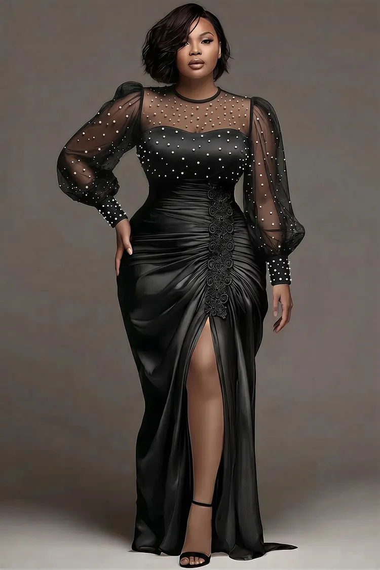 Xpluswear Design Plus Size Wedding Tulle White Round Neck Puff Sleeve Long Sleeve See Through Pearls Satin Maxi Dresses 2024 - Xpluswear