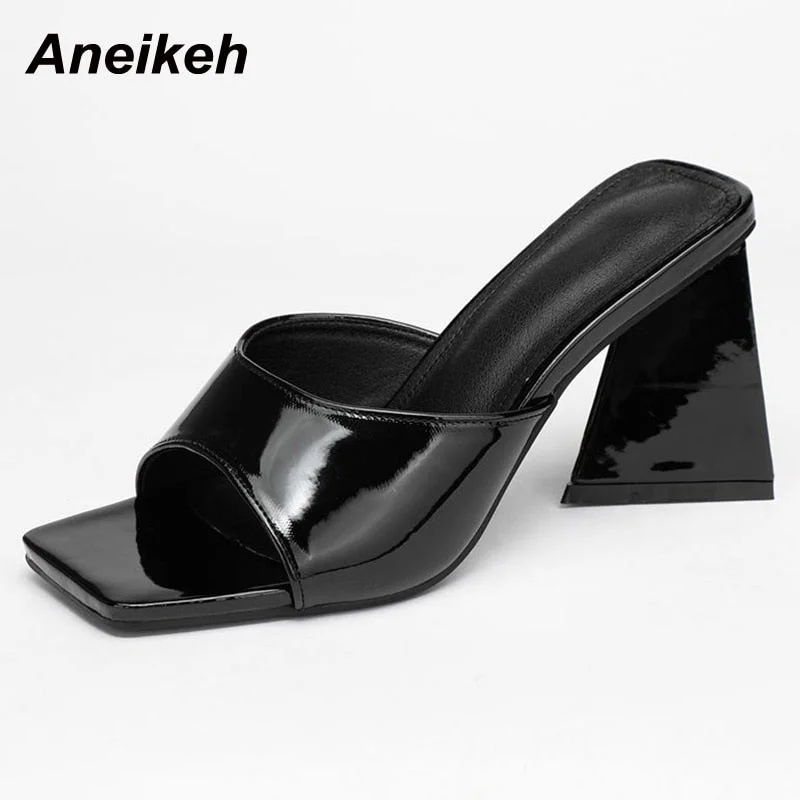 Aneikeh 2021 Summer New Fashion Concise Solid PU Shallow Mid Heel Slippers Women Lazy Slip On Beach Mules Square Open Toe 35-42