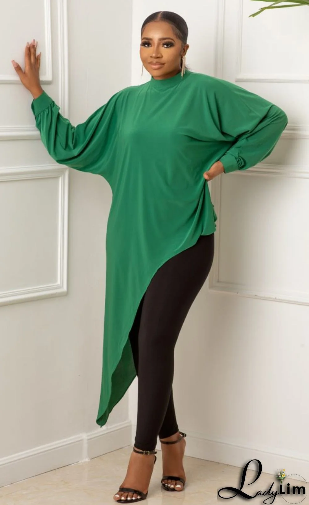 Fall Plus Size Green Long Sleeve Irregular Dress And Pant Two Piece Set