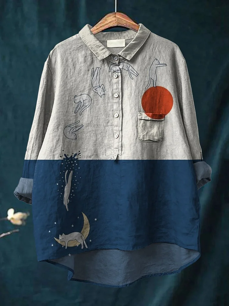 Women's Cat Print Casual Cotton And Linen Shirt