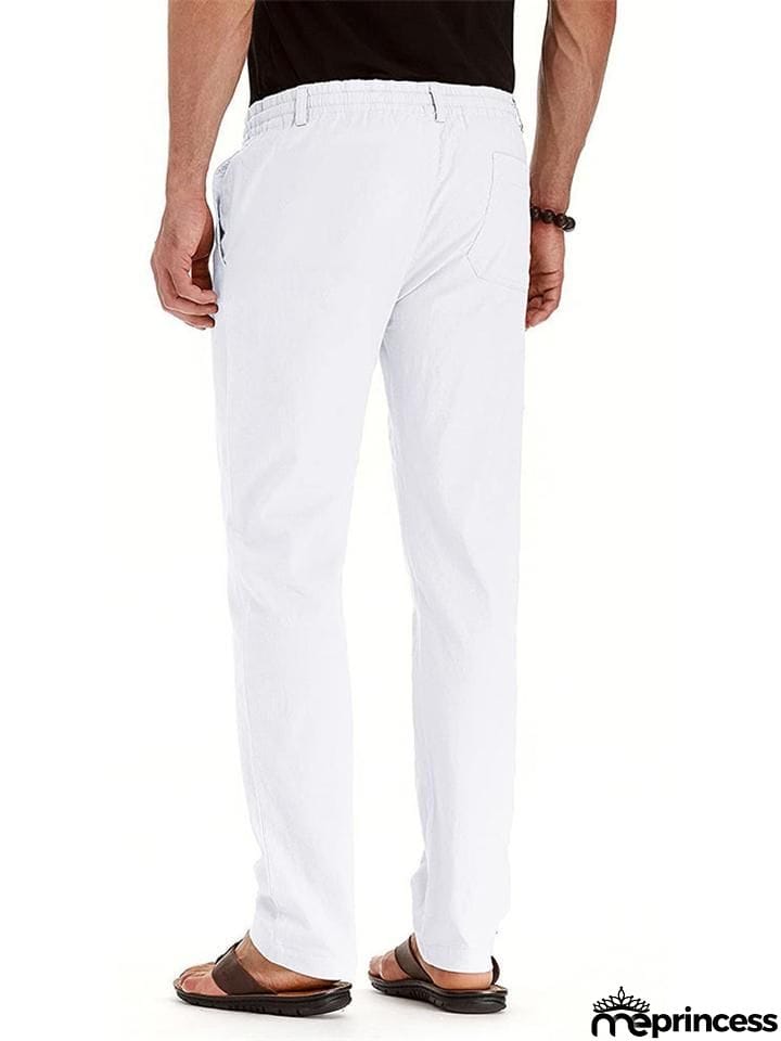 Men's Elastic Drawstring Waistband Casual Straight Cotton Pants