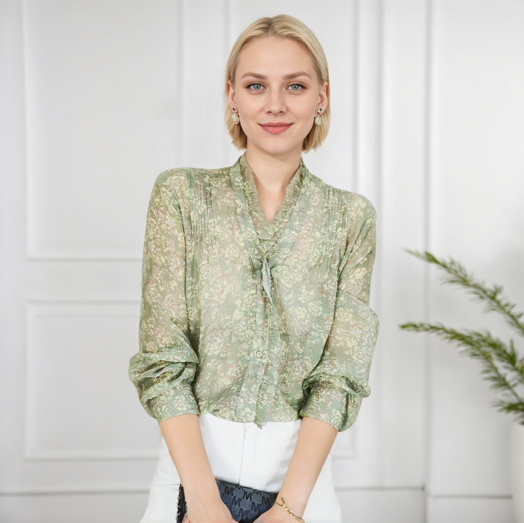 Green Floral V-Neck Silk Shirt REAL SILK LIFE