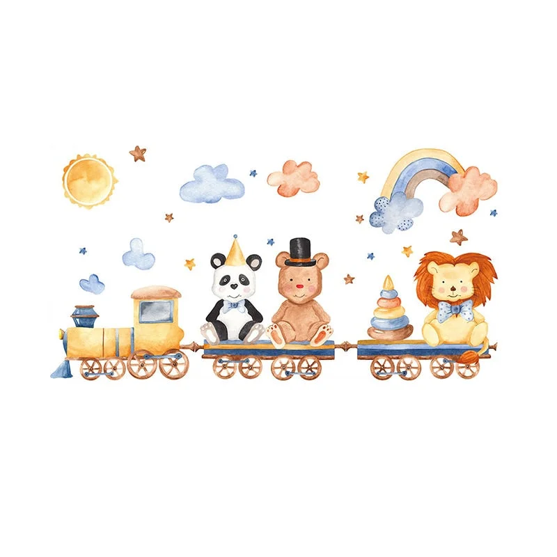 Cartoon Animnal Lion Bear Panda Train Wall Stickers for Kids Room Bedroom Home Decor Wall Decals Baby Nursery Home Decoration