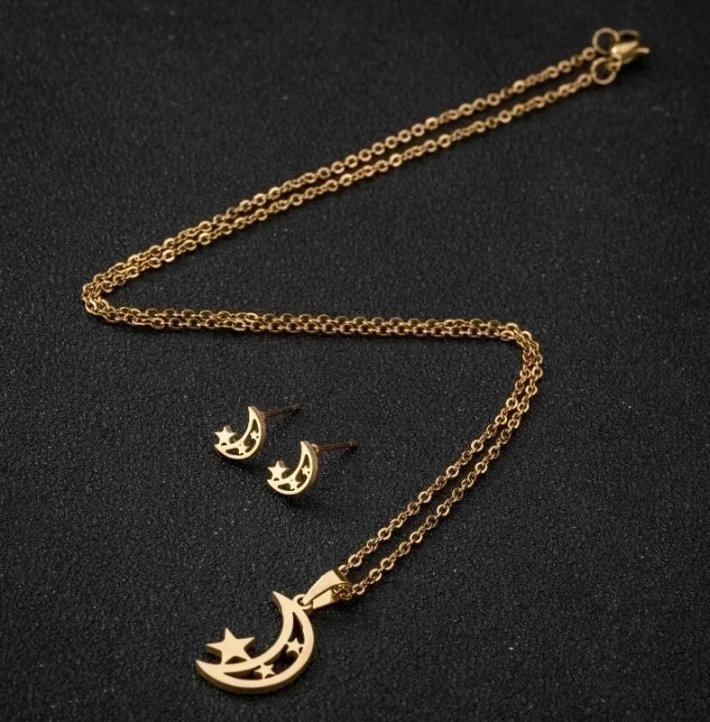 1 Set Fashion Star Moon Heart Shape Titanium Steel Plating Earrings Necklace