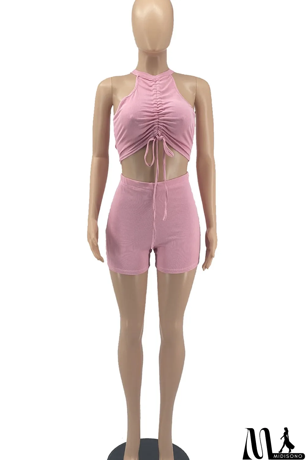 MidiSono - Red Sexy Sportswear Solid Patchwork Draw String Fold O Neck Sleeveless Two Pieces