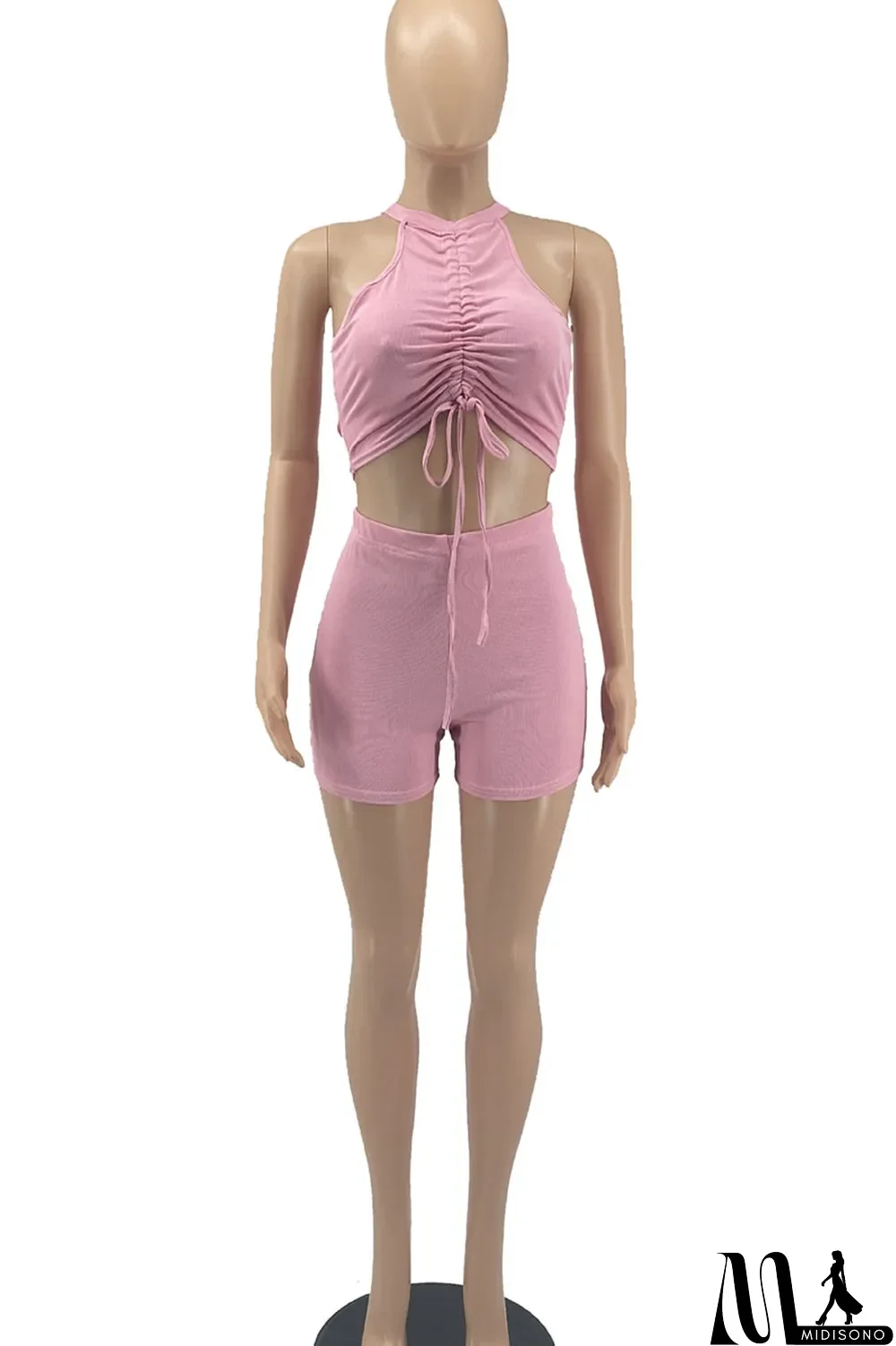 MidiSono - Red Sexy Sportswear Solid Patchwork Draw String Fold O Neck Sleeveless Two Pieces