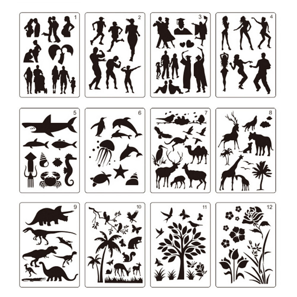 

12x Animal Plant DIY Layering Stencils Scrapbook Coloring Painting Template, 501 Original