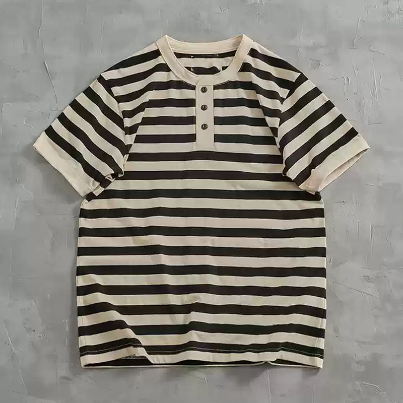 Men's Henley Collar Striped Sailor Shirt Short Sleeve T-Shirt