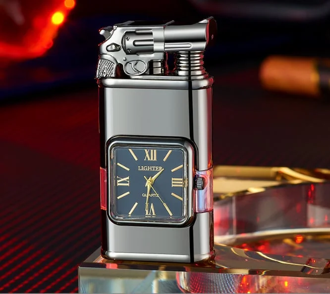 🔥Adjustable Dual Flame Windproof Lighter,Visible Fuel Window,With Clock, Stylish Metal Design,unique cool cigar accessory