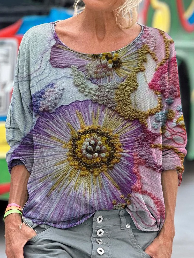 Vintage Flowers Art Print Casual Long Sleeve T-shirt