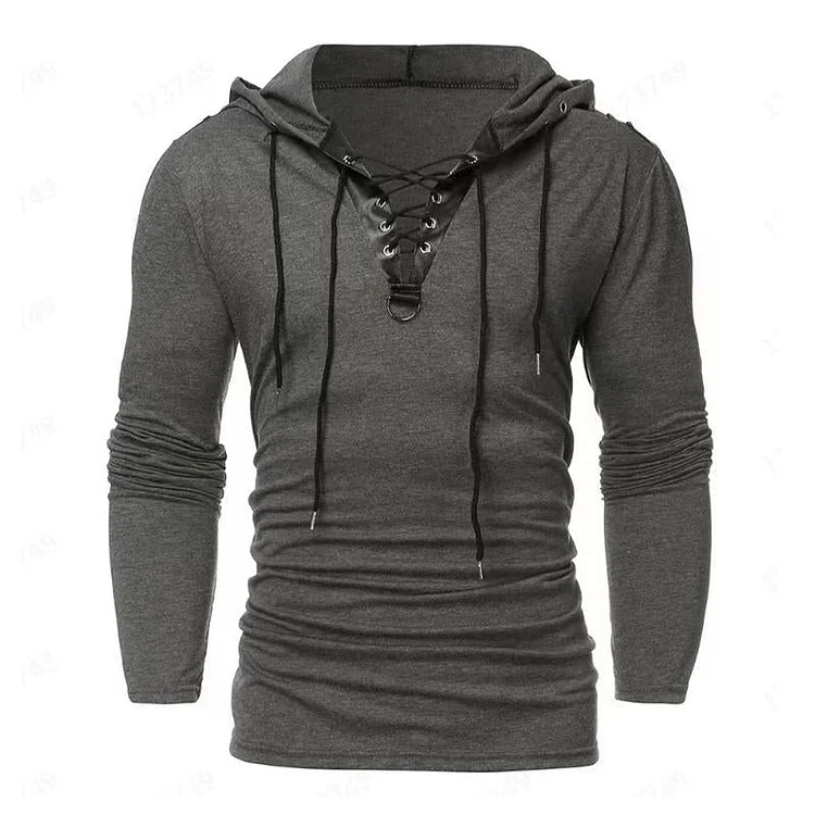 Men's Vintage Leather Lace-Up Hooded Long-Sleeved T-Shirt