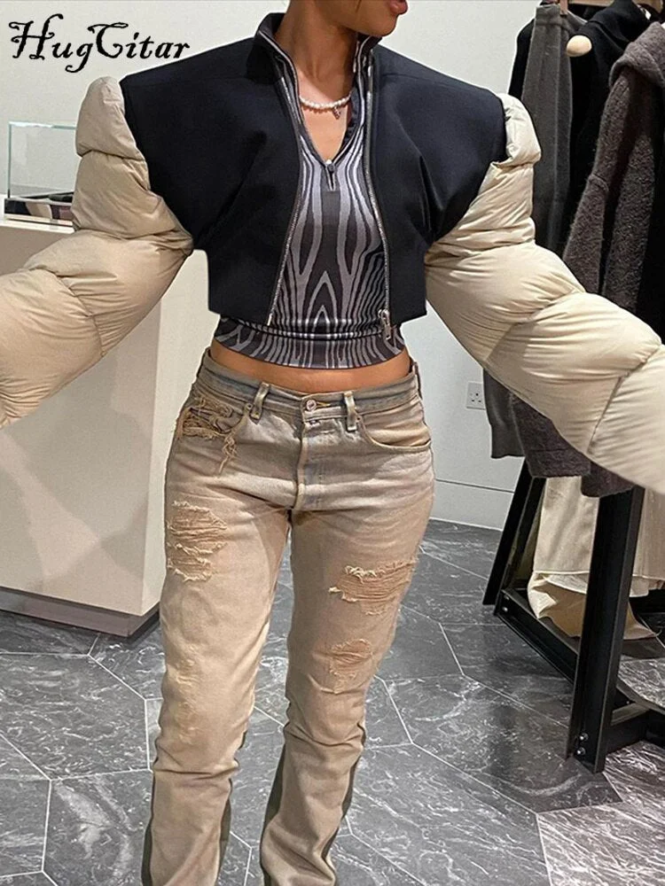 Hugcitar Patchwork Down Coat Puffer Jacket Coats Extra Long Sleves Women Christmas Bubble Cropped Outerwear Warm Clothing