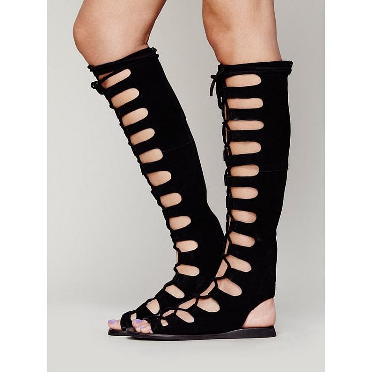 Black Gladiator Sandals Suede Open Toe Lace-up Comfortable Flats |FSJ Shoes