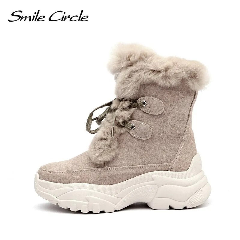 Smile Circle Suede leather Ankle Boots Women Flat platform shoes winter plush Keep warm Thick bottom Short Boots Ladies snow boo