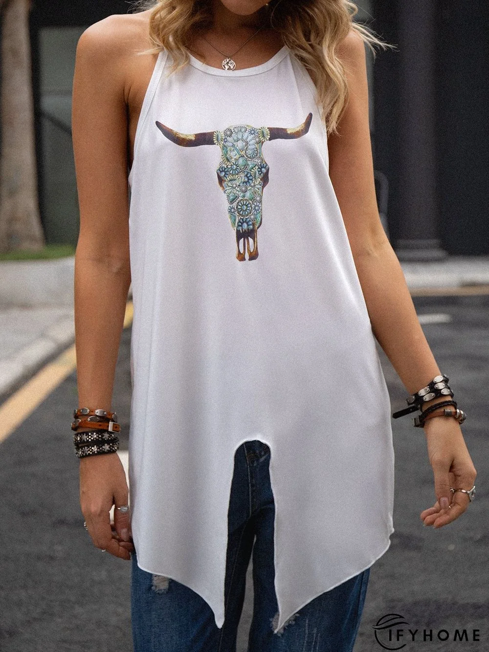 Printed Crew Neck Sleeveless T-shirt | IFYHOME