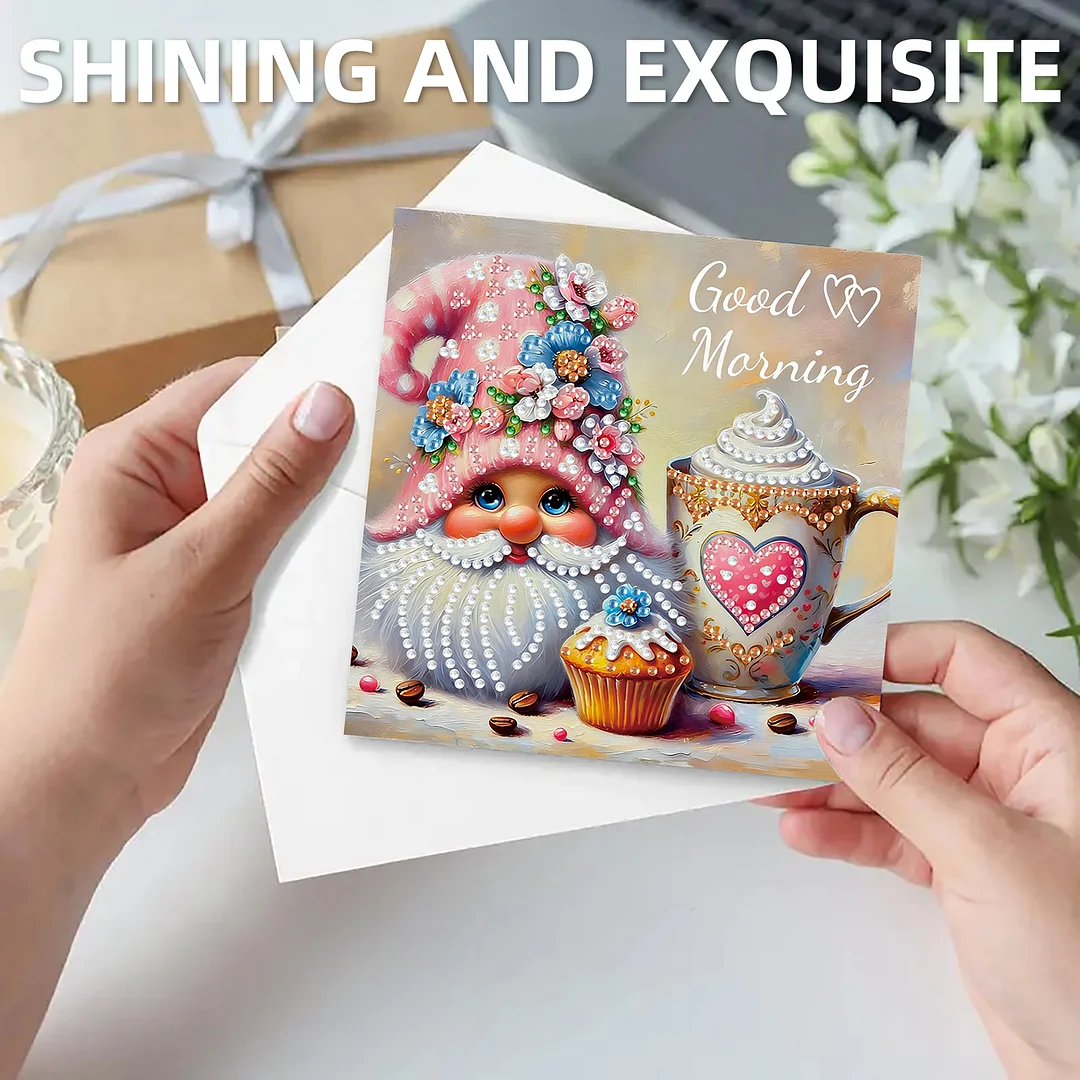 6pcs Good Morning Goblin DIY Diamond Painting Kit Greeting Card with Envelope Diamond Art Painting Greeting Cards for Family Friends Holiday Gift Congratulations