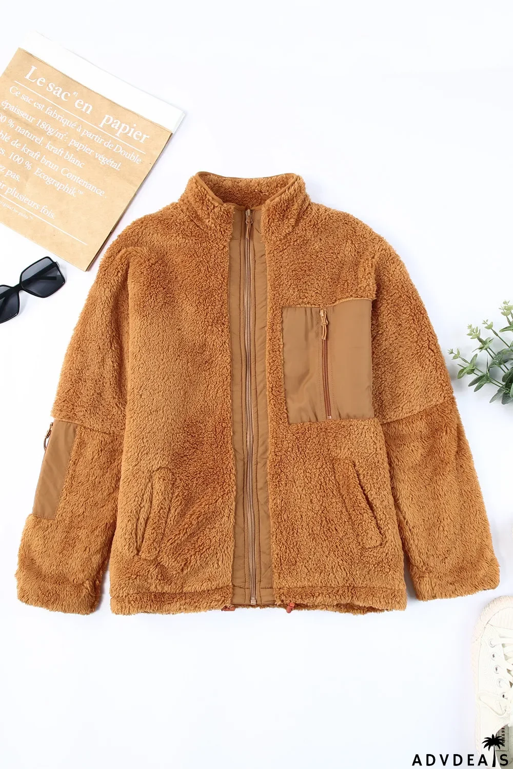 Zip Up Sherpa Coat With Pocket