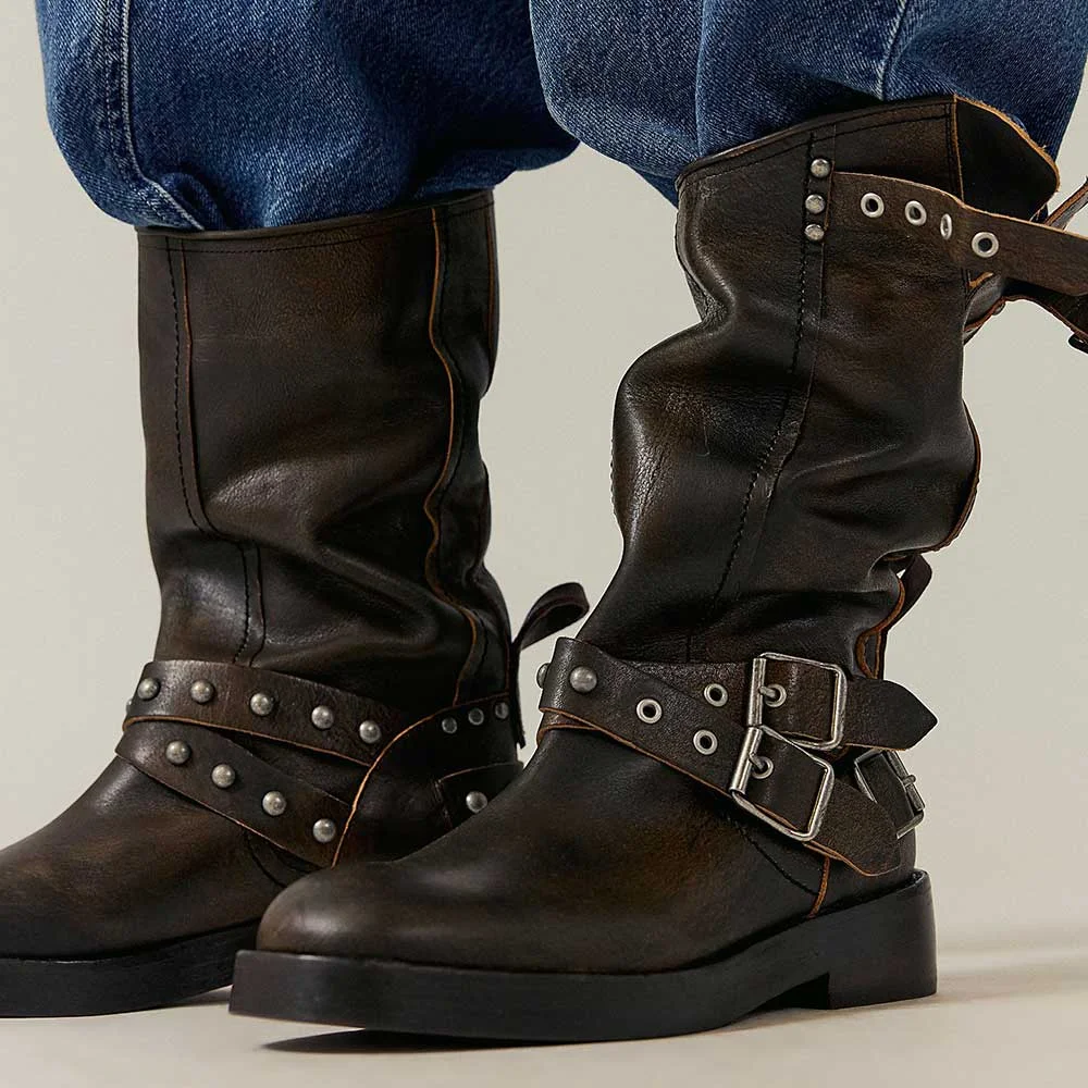 Brown Studded Buckle Mid Calf Grommet Motorcycle Boots for Women