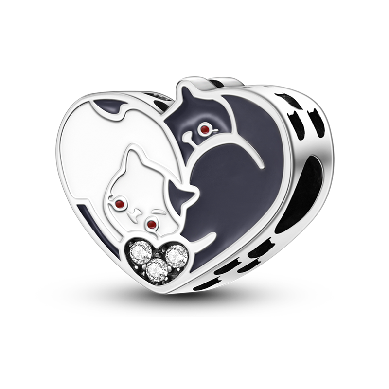Genuine 925 Sterling Silver Peach Heart Black and White Cat Pendant Charm for Women Original Silver Bracelet or Necklace KTC232
