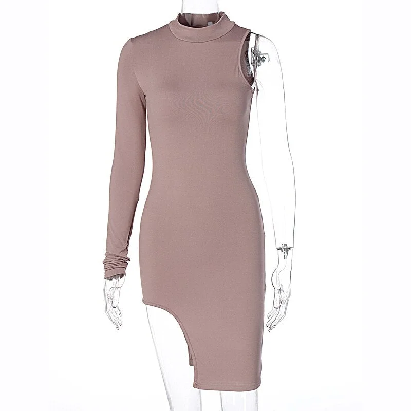 Dulzura solid women mini dress one shoulder long sleeve turtleneck bodycon slit sexy streetwear party elegant 2020 autumn winter