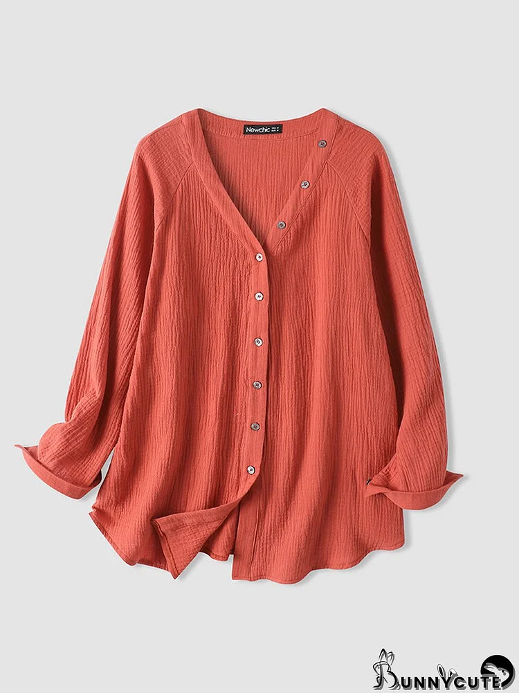 Solid Button Long Sleeve V-neck Blouse For Women